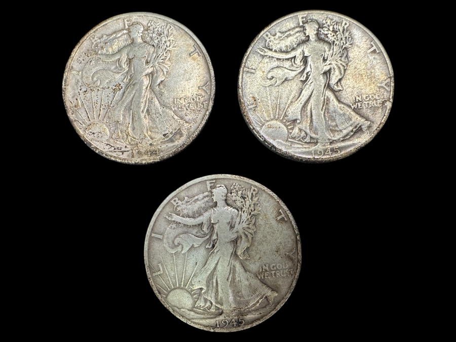 (3) Standing Walking Liberty Silver Half Dollars:  1944 D, 1945 & 1945 S