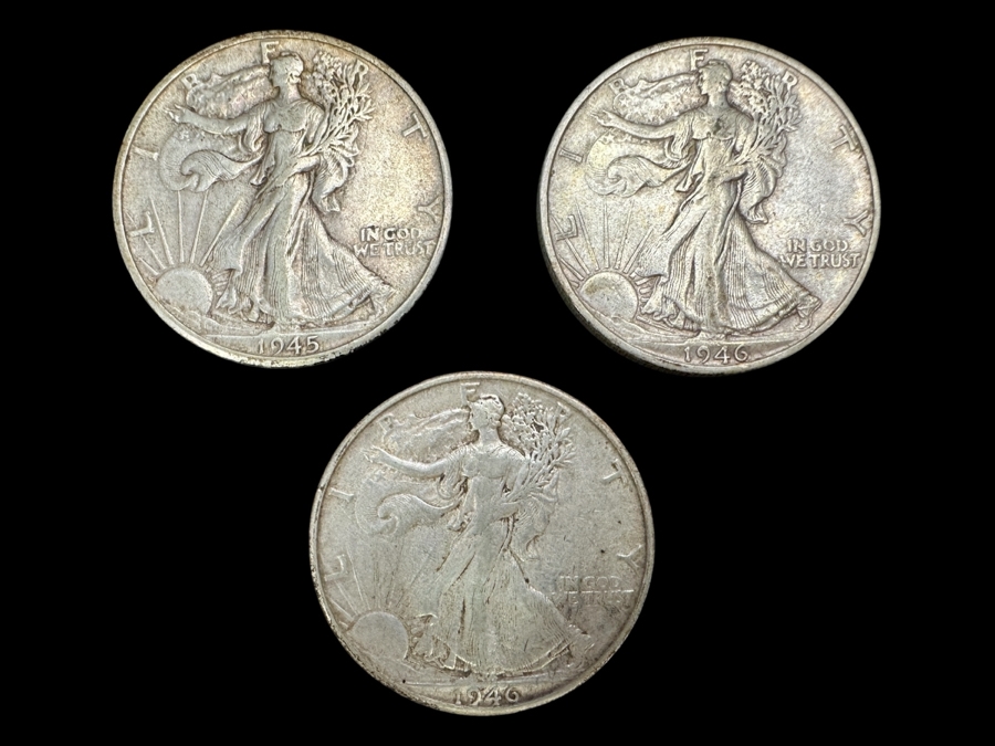 (3) Standing Walking Liberty Silver Half Dollars:  1945 D, 1946 S & 1946 D
