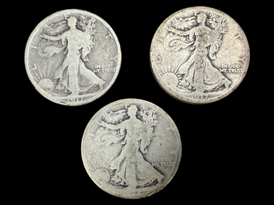 (3) Standing Walking Liberty Silver Half Dollars:  1917, 1917 S & 1918