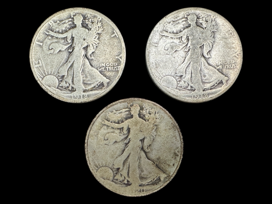 (3) Standing Walking Liberty Silver Half Dollars:  1918 S, 1918 D & 1920