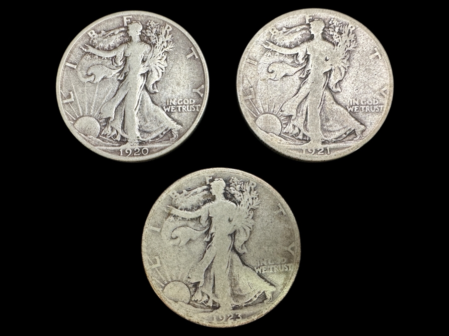 (3) Standing Walking Liberty Silver Half Dollars:  1920 S, 1921 S & 1923 S