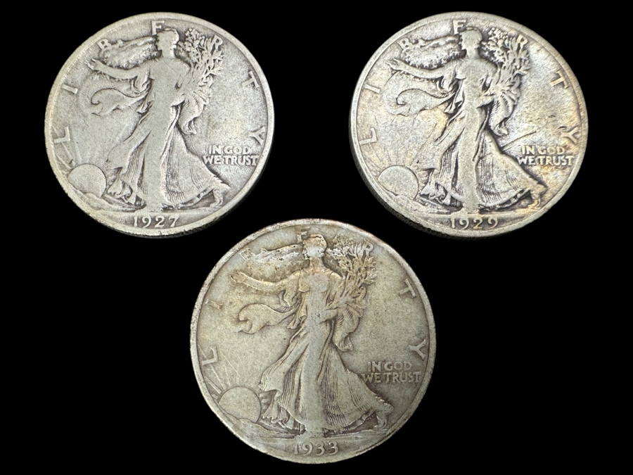 (3) Standing Walking Liberty Silver Half Dollars:  1927 S, 1929 S & 1933 S