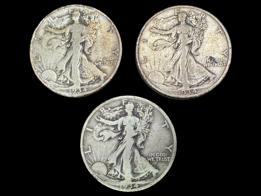 (3) Standing Walking Liberty Silver Half Dollars:  1934, 1934 S & 1934 D