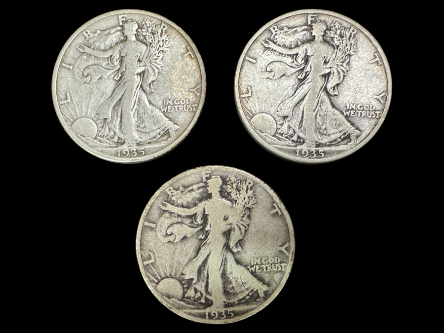 (3) Standing Walking Liberty Silver Half Dollars:  1935, 1935 S & 1935 D