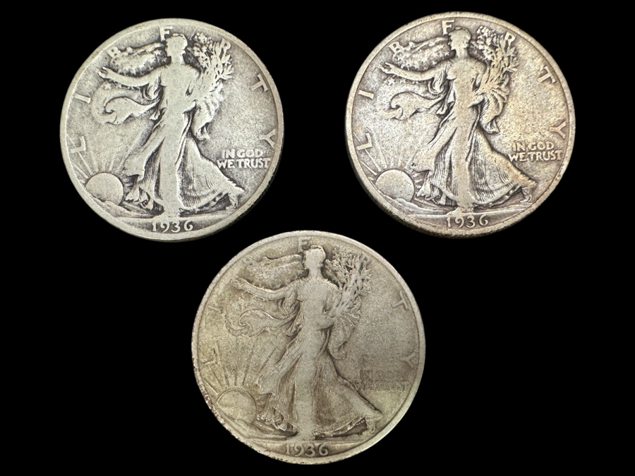 (3) Standing Walking Liberty Silver Half Dollars:  1936, 1936 S & 1936 D