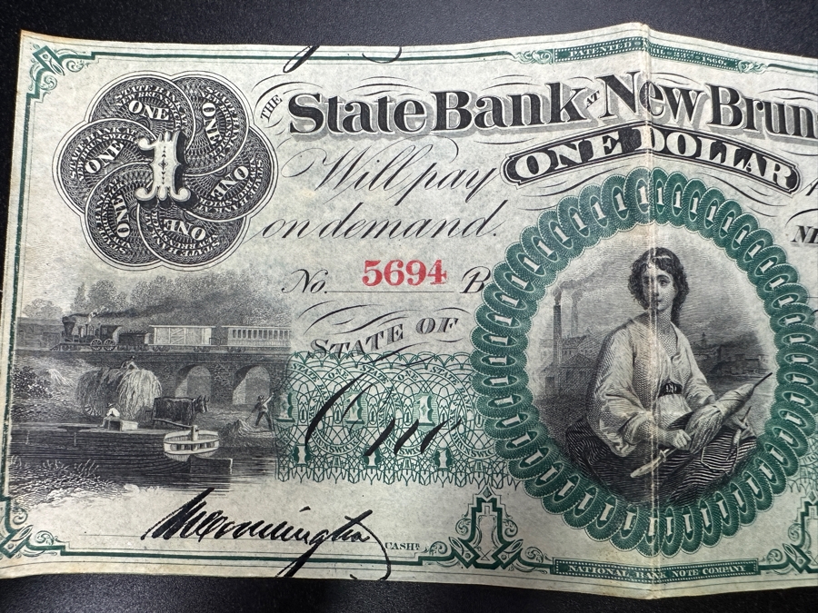 $1 One Dollar State Bank Of New Brunswick Engraved Bicolor Banknote Currency State Of New Jersey [Photo 3]
