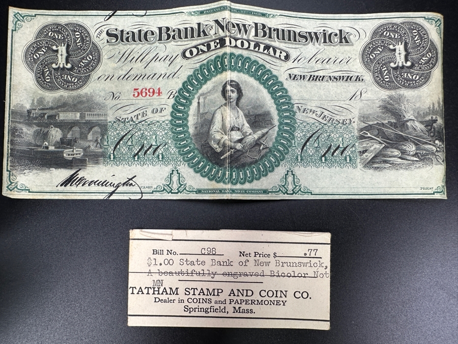 $1 One Dollar State Bank Of New Brunswick Engraved Bicolor Banknote Currency State Of New Jersey [Photo 2]