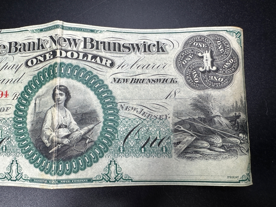 $1 One Dollar State Bank Of New Brunswick Engraved Bicolor Banknote Currency State Of New Jersey [Photo 4]