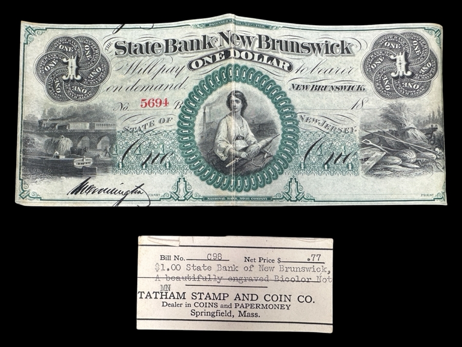 $1 One Dollar State Bank Of New Brunswick Engraved Bicolor Banknote Currency State Of New Jersey