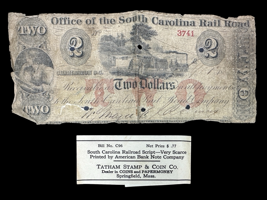 Very Rare South Carolina Railroad Script Printed By The American Bank Note Company Two Dollars $2
