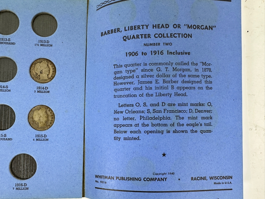 Collection Of (5) Barber, Liberty Head 'Morgan' Silver Quarters From 1909-1916 [Photo 6]