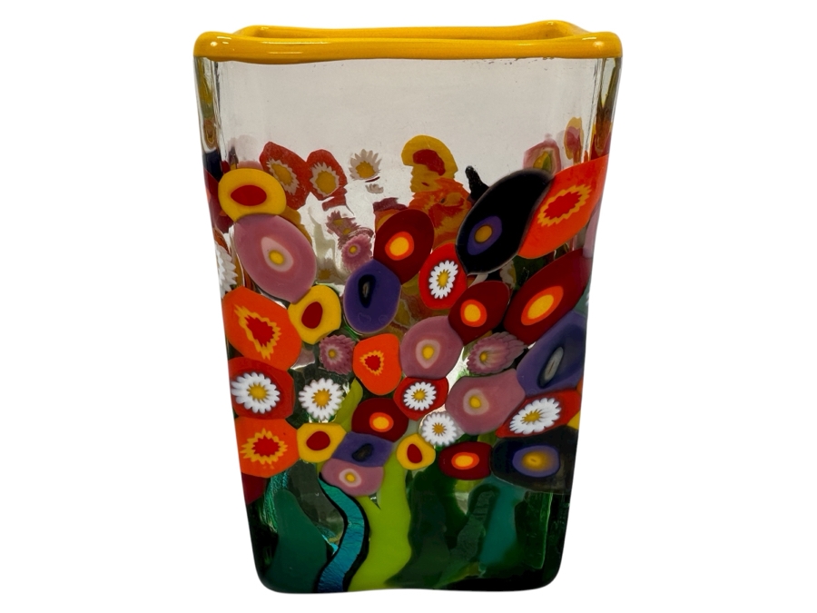 Signed Mad Art Wildflower Art Glass Vase 6.25H