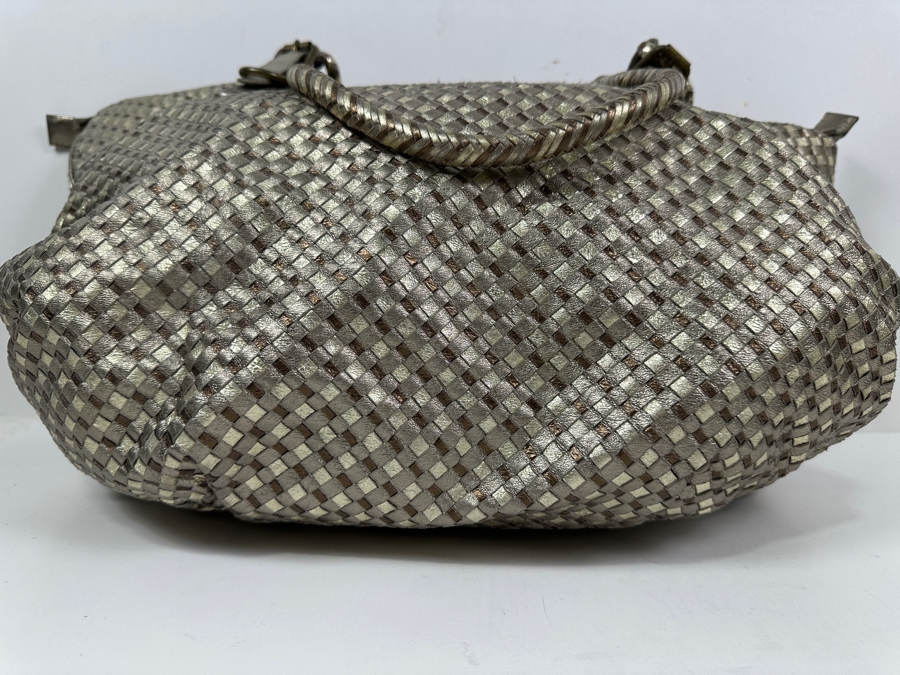 Elliott Lucca Metallic Silver Woven Leather Hobo Handbag 20W [Photo 5]