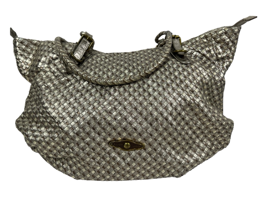 Elliott Lucca Metallic Silver Woven Leather Hobo Handbag 20W