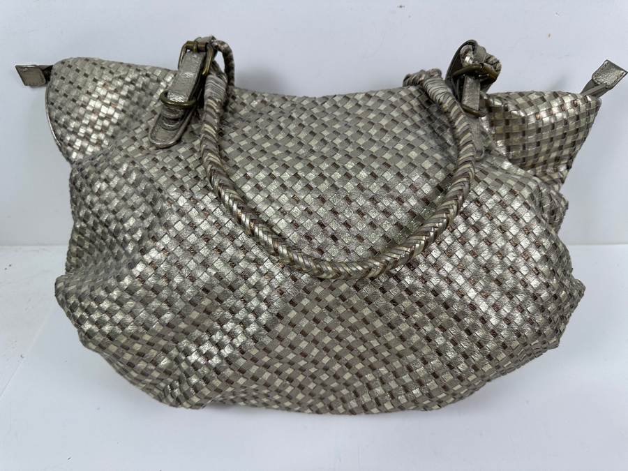 Elliott Lucca Metallic Silver Woven Leather Hobo Handbag 20W [Photo 4]