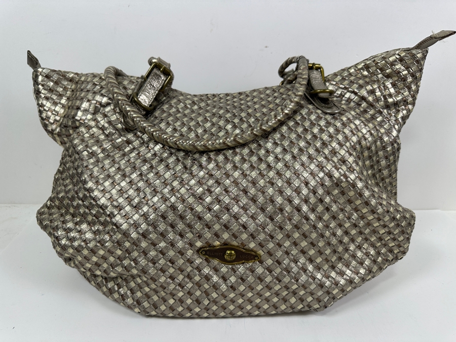 Elliott Lucca Metallic Silver Woven Leather Hobo Handbag 20W [Photo 2]