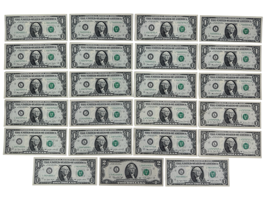 (22) Uncirculated One $1 Dollar Bills From The 1974 & 1977 And (1) 1976 Uncirculated $2 Dollar Bill