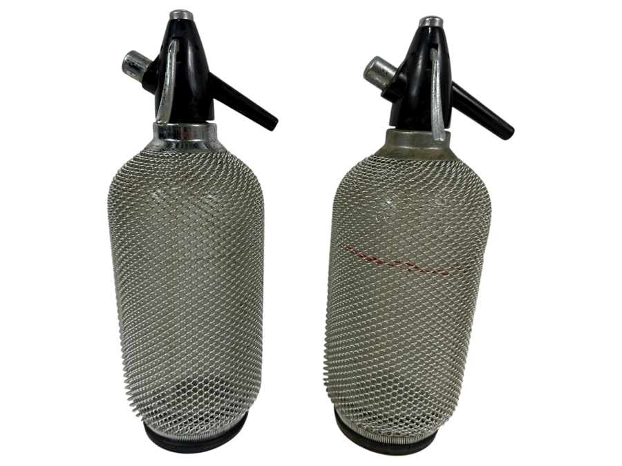 Pair Of Vintage Wire Mesh Seltzer Bottles 14H