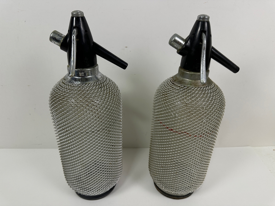 Pair Of Vintage Wire Mesh Seltzer Bottles 14H [Photo 2]
