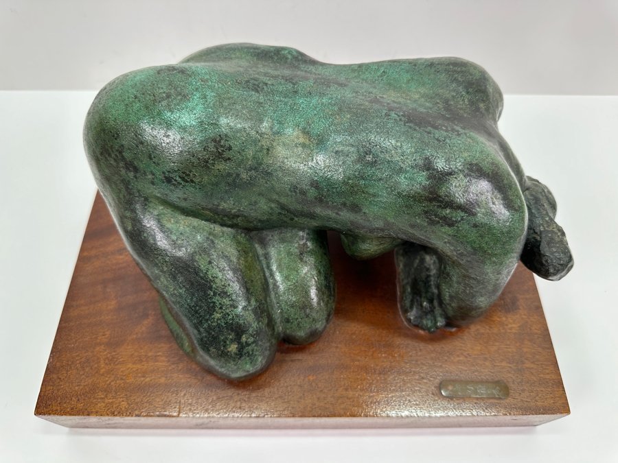 Vintage Bronze Sculpture Of A Woman On Wooden Base Signed M. Stork 11W X 7D X 5.5H [Photo 3]