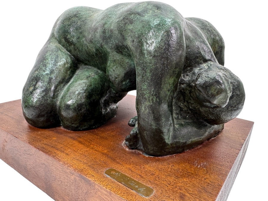Vintage Bronze Sculpture Of A Woman On Wooden Base Signed M. Stork 11W X 7D X 5.5H