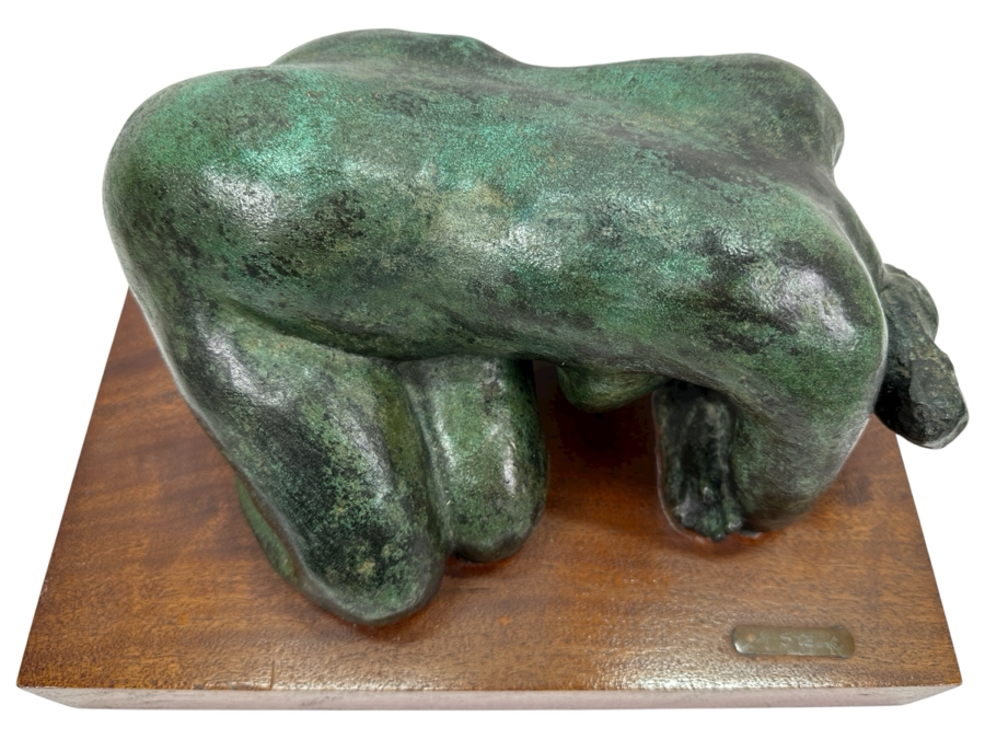 Vintage Bronze Sculpture Of A Woman On Wooden Base Signed M. Stork 11W X 7D X 5.5H [Photo 2]