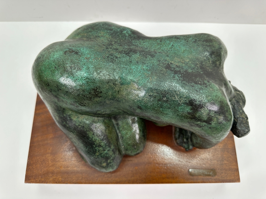 Vintage Bronze Sculpture Of A Woman On Wooden Base Signed M. Stork 11W X 7D X 5.5H [Photo 4]