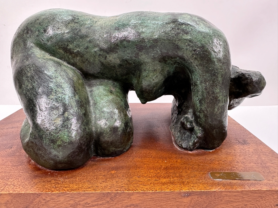 Vintage Bronze Sculpture Of A Woman On Wooden Base Signed M. Stork 11W X 7D X 5.5H [Photo 5]