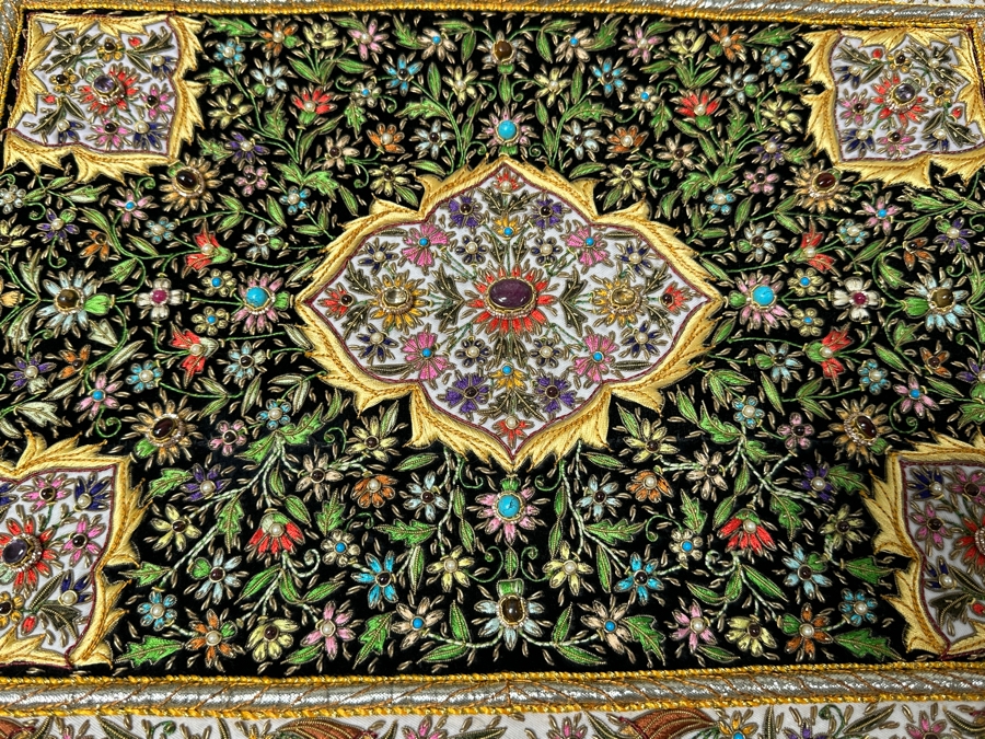 Vintage Zardozi Embroidered Wall Hanging Tapestry With Semi-Precious Stones 26 X 21 [Photo 5]