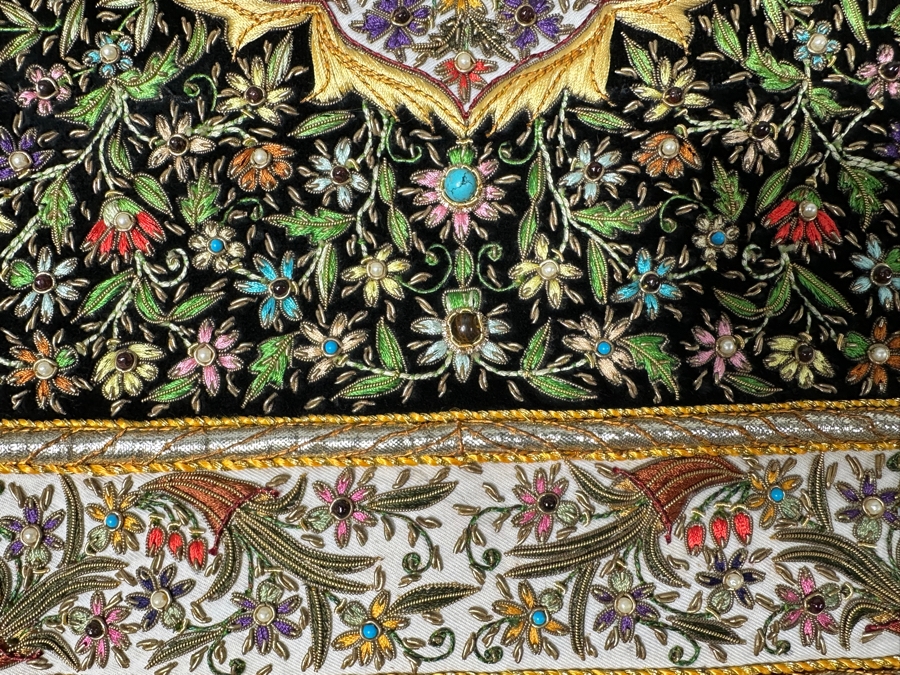 Vintage Zardozi Embroidered Wall Hanging Tapestry With Semi-Precious Stones 26 X 21 [Photo 7]