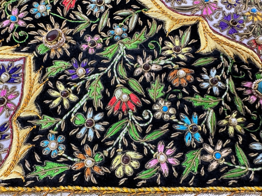 Vintage Zardozi Embroidered Wall Hanging Tapestry With Semi-Precious Stones 26 X 21 [Photo 12]