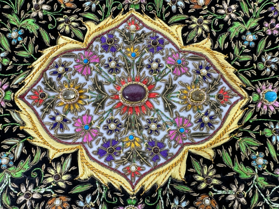 Vintage Zardozi Embroidered Wall Hanging Tapestry With Semi-Precious Stones 26 X 21 [Photo 8]