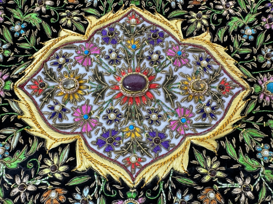 Vintage Zardozi Embroidered Wall Hanging Tapestry With Semi-Precious Stones 26 X 21 [Photo 14]