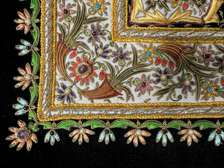 Vintage Zardozi Embroidered Wall Hanging Tapestry With Semi-Precious Stones 26 X 21 [Photo 6]