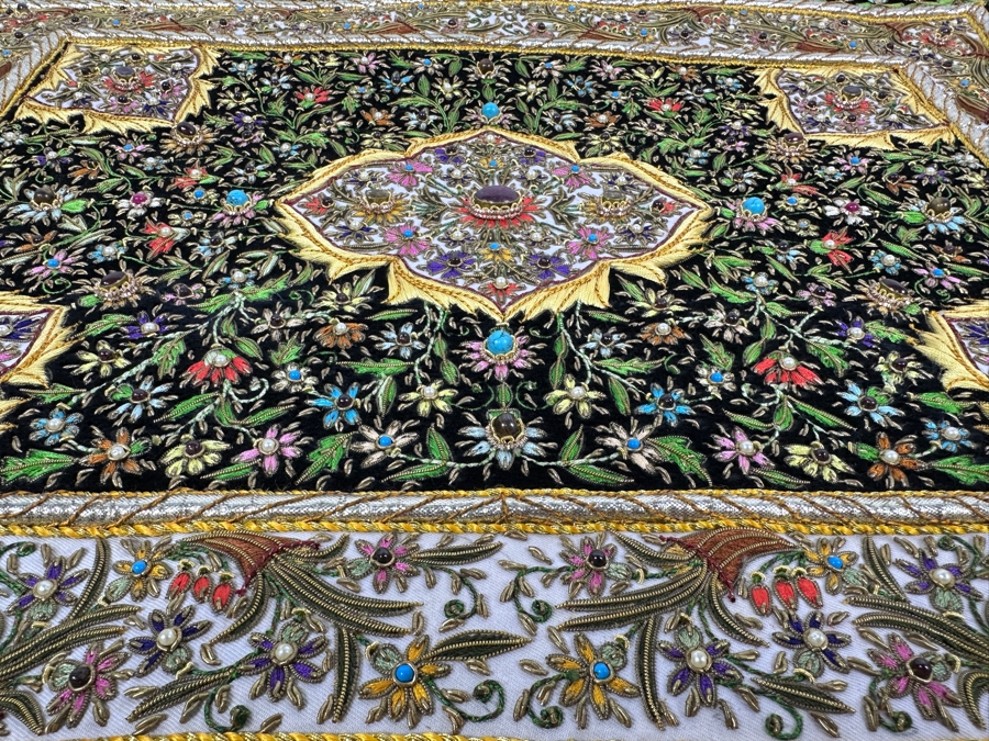Vintage Zardozi Embroidered Wall Hanging Tapestry With Semi-Precious Stones 26 X 21 [Photo 10]