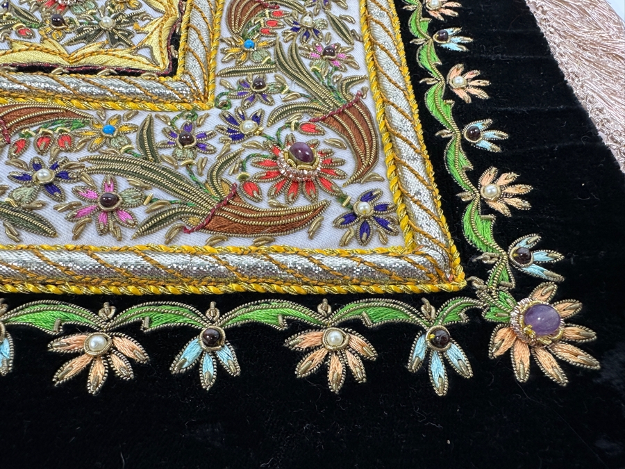 Vintage Zardozi Embroidered Wall Hanging Tapestry With Semi-Precious Stones 26 X 21 [Photo 18]
