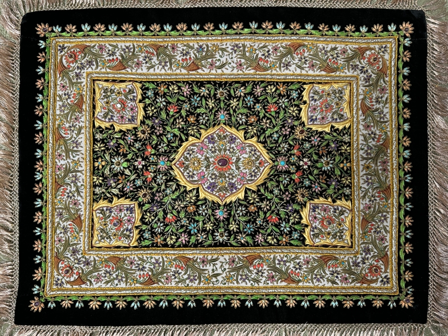 Vintage Zardozi Embroidered Wall Hanging Tapestry With Semi-Precious Stones 26 X 21 [Photo 2]
