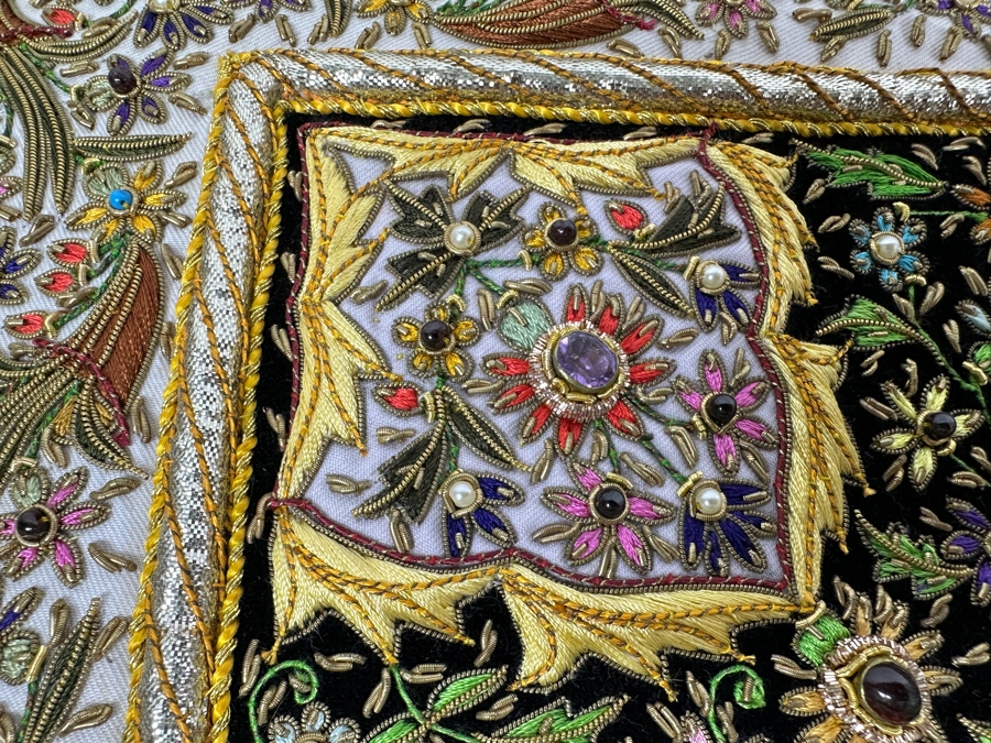 Vintage Zardozi Embroidered Wall Hanging Tapestry With Semi-Precious Stones 26 X 21 [Photo 15]