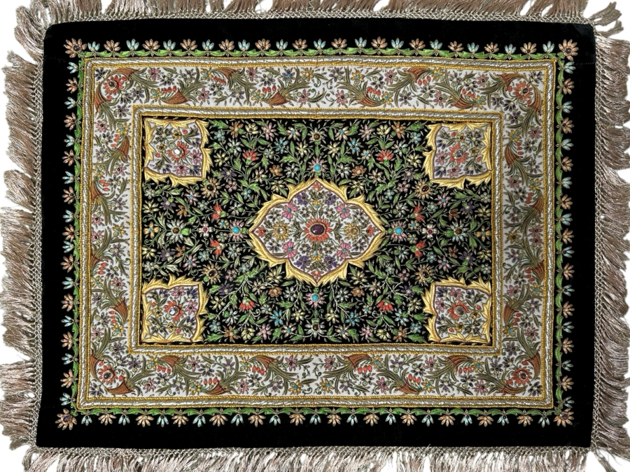 Vintage Zardozi Embroidered Wall Hanging Tapestry With Semi-Precious Stones 26 X 21