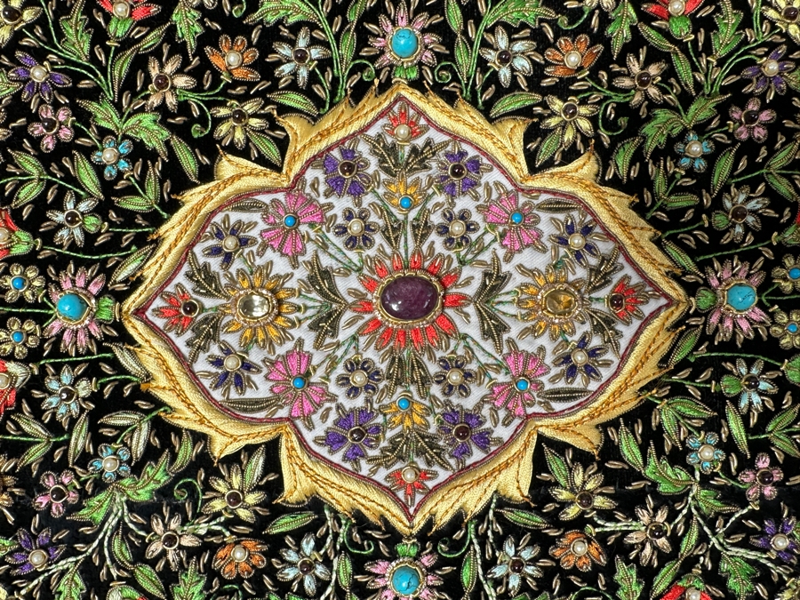Vintage Zardozi Embroidered Wall Hanging Tapestry With Semi-Precious Stones 26 X 21 [Photo 4]