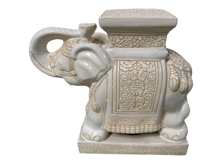 Contemporary White Ceramic Elephant Garden Stool Plant Stand 21W X 20H
