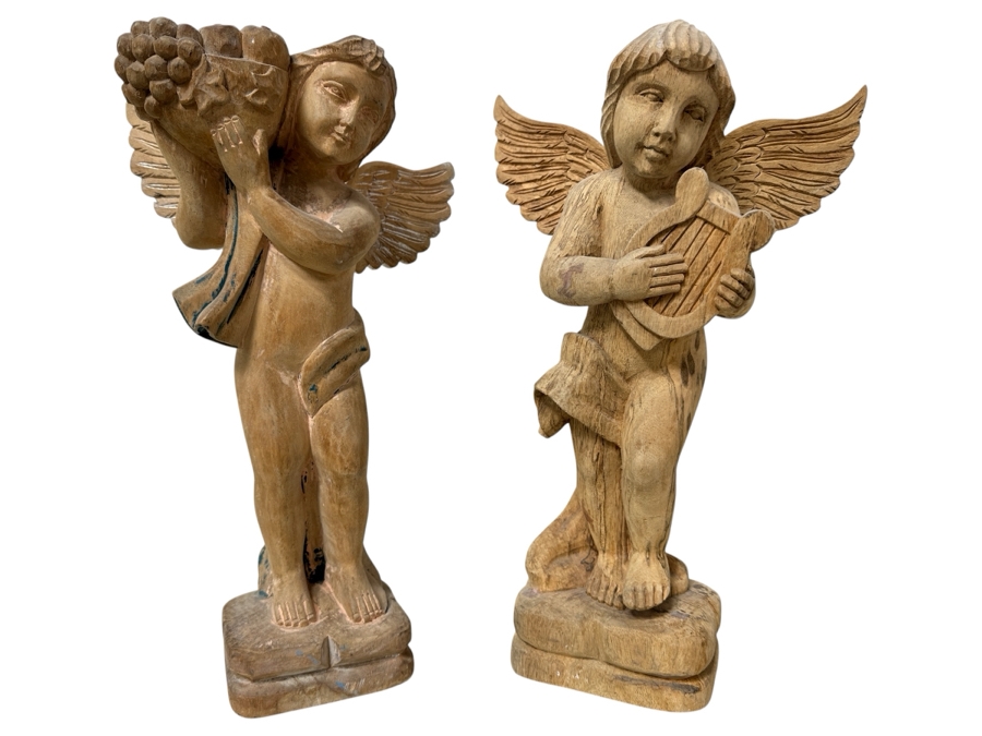 Pair Of Carved Wooden Cherub Statues 16H