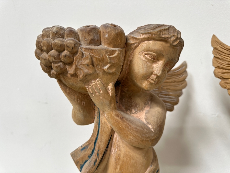 Pair Of Carved Wooden Cherub Statues 16H [Photo 5]