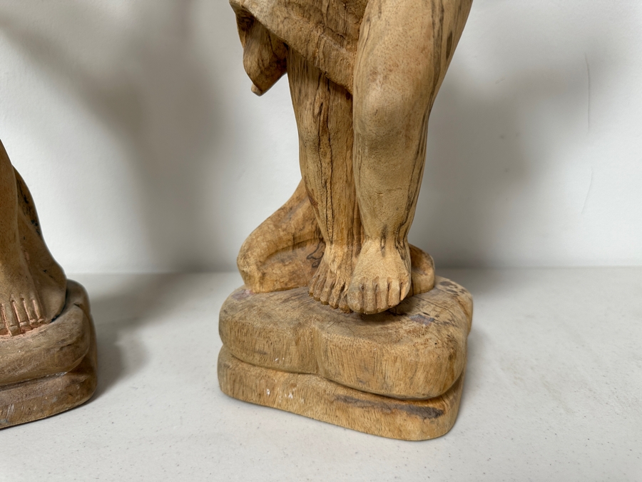 Pair Of Carved Wooden Cherub Statues 16H [Photo 4]