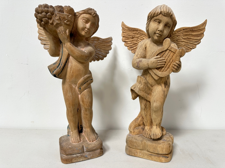 Pair Of Carved Wooden Cherub Statues 16H [Photo 2]