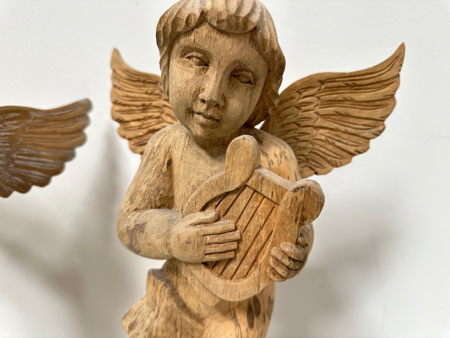 Pair Of Carved Wooden Cherub Statues 16H [Photo 3]