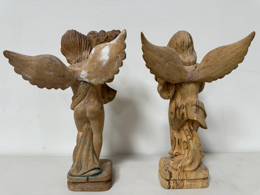 Pair Of Carved Wooden Cherub Statues 16H [Photo 8]
