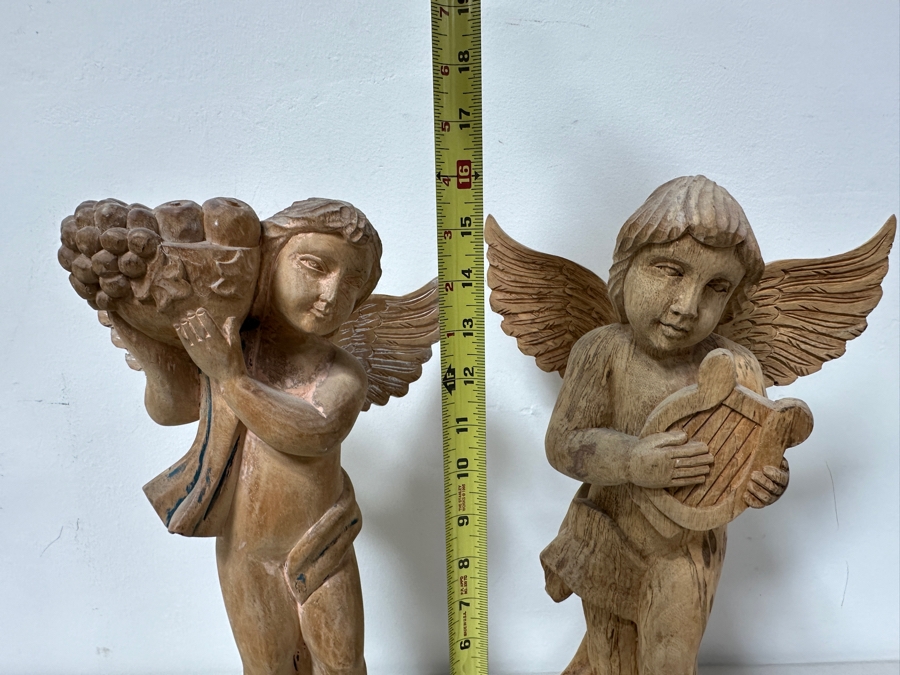 Pair Of Carved Wooden Cherub Statues 16H [Photo 7]