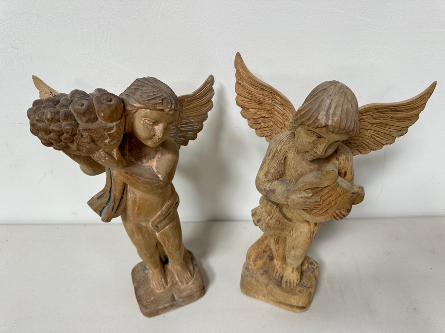 Pair Of Carved Wooden Cherub Statues 16H [Photo 6]
