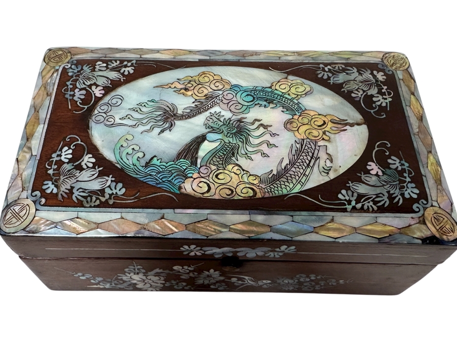 Vintage Chinese Inlaid Mother Of Pearl Dragon Box With Foreign Coins (See Photos) 5.75W X 3.25D X 2H